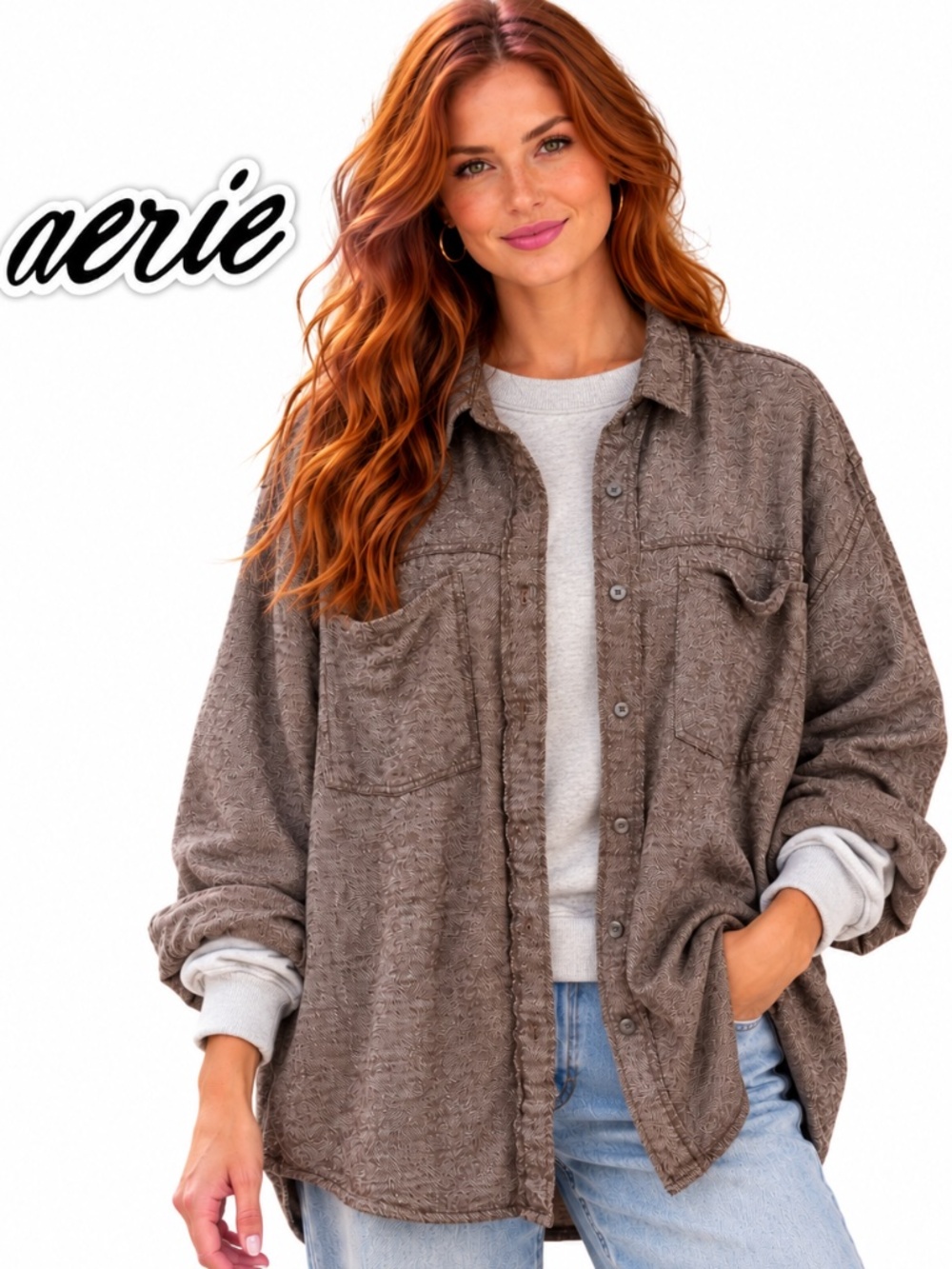 Aerie Anytime Fave Twill Shirt- Heathered Muted Brown/ Red Brown